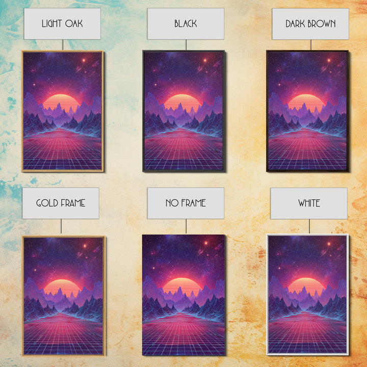 Surreal Futuristic Mountain Sunset Digital Canvas Print, Neon Grid Landscape Wall Art, Sci-Fi Inspired Modern Decor