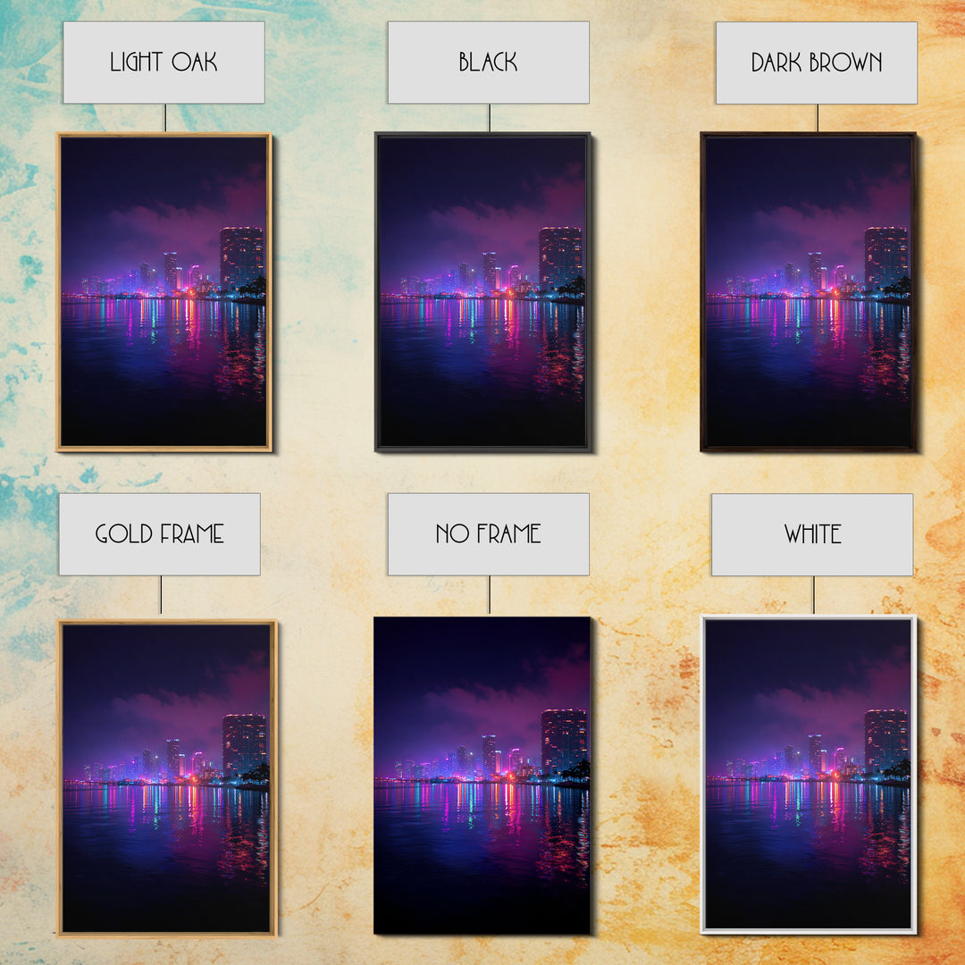 Miami City Lights Neon Reflection At Night Urban Wall Art Modern Canvas Print For Office Decor And Living Room