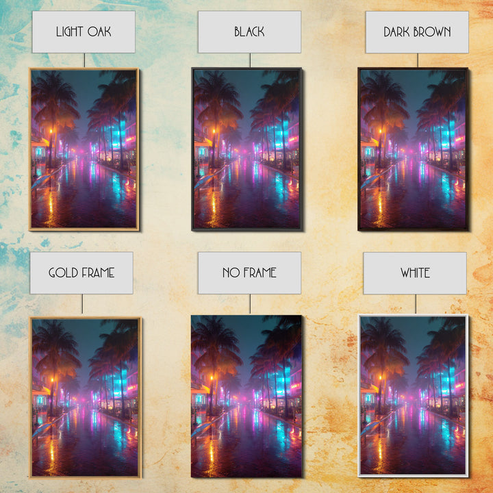 Wet Neon City Street At Night Rainfall Reflection Wall Art Modern Canvas Print For Bedroom And Living Room Decor
