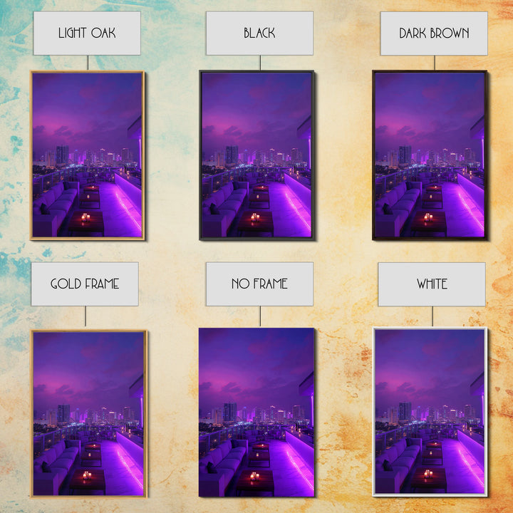 Modern City Nightscape With Vibrant Purple Neon Lights Wall Art Canvas Print Trendy Home Décor For Living Room