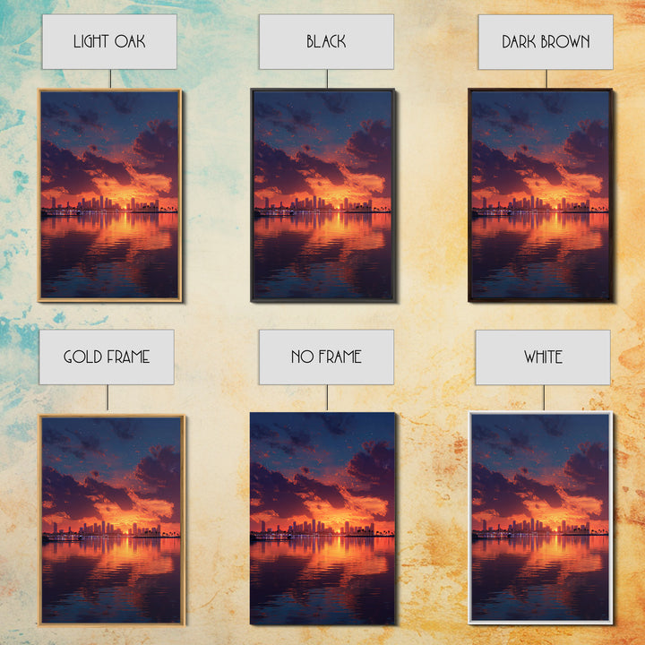 Stunning City Skyline Sunset Landscape Reflection Wall Art Canvas Print For Modern Home Decor