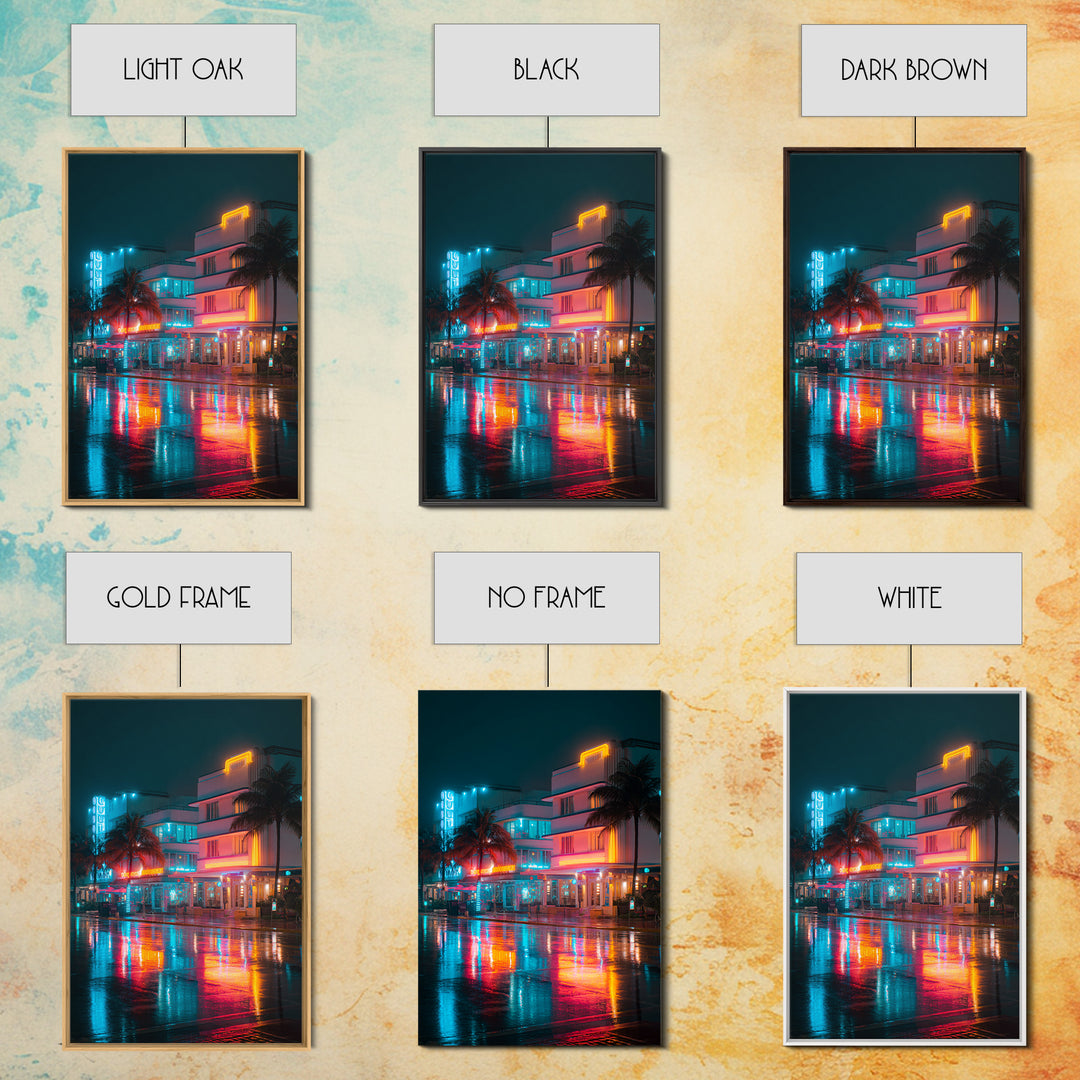 Neon City Night Scene With Palm Trees And Vibrant Lights Ultra Modern Wall Art Framed Canvas Print For Urban Home Decor