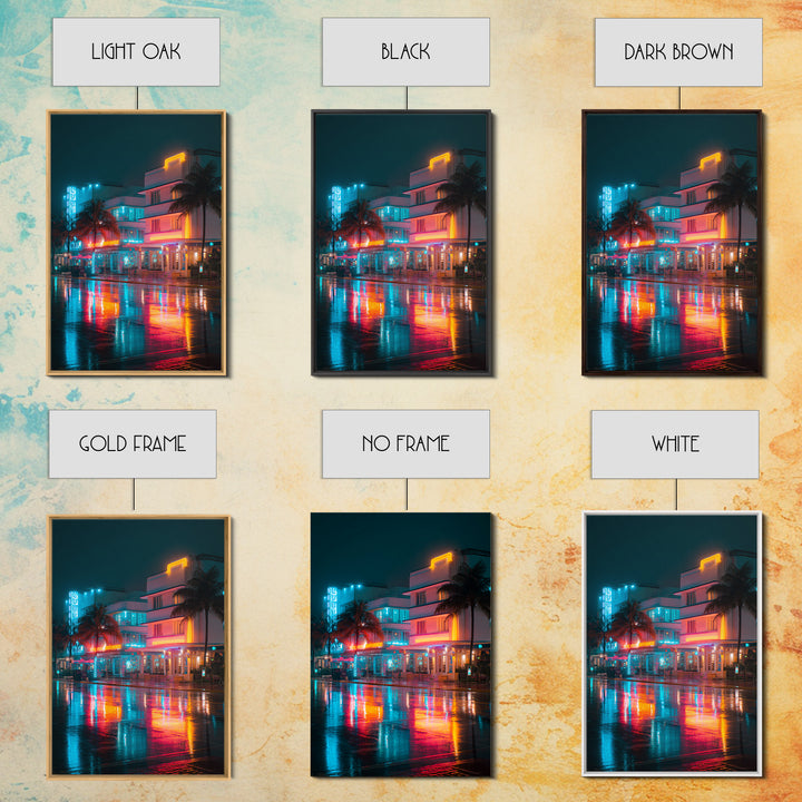 Neon City Night Scene With Palm Trees And Vibrant Lights Ultra Modern Wall Art Framed Canvas Print For Urban Home Decor