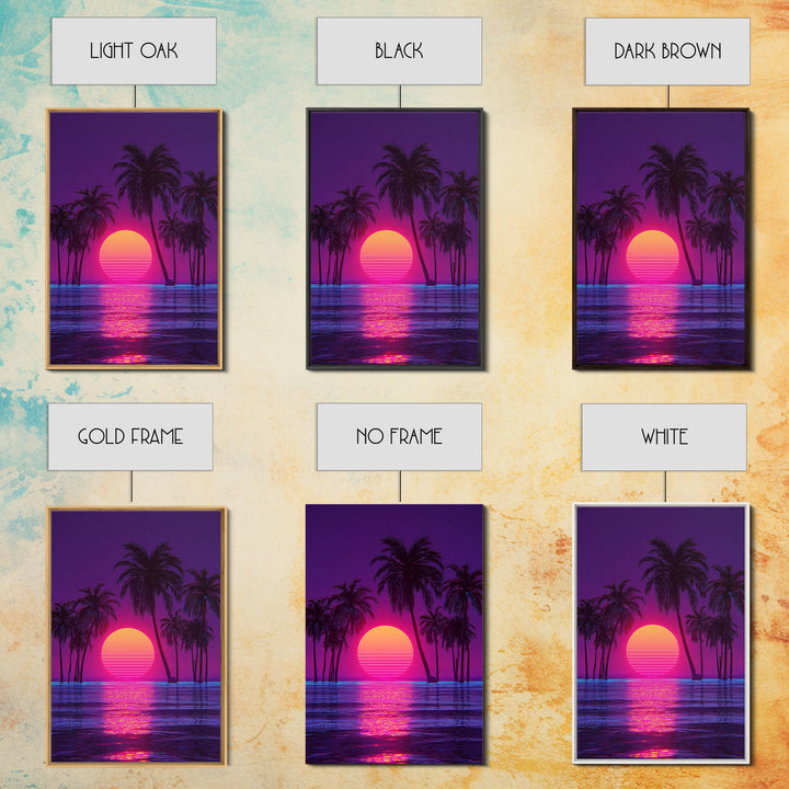 Vivid Neon Sunset With Palm Trees And Reflective Waterfall Retro Futuristic Landscape Wall Art Canvas Print