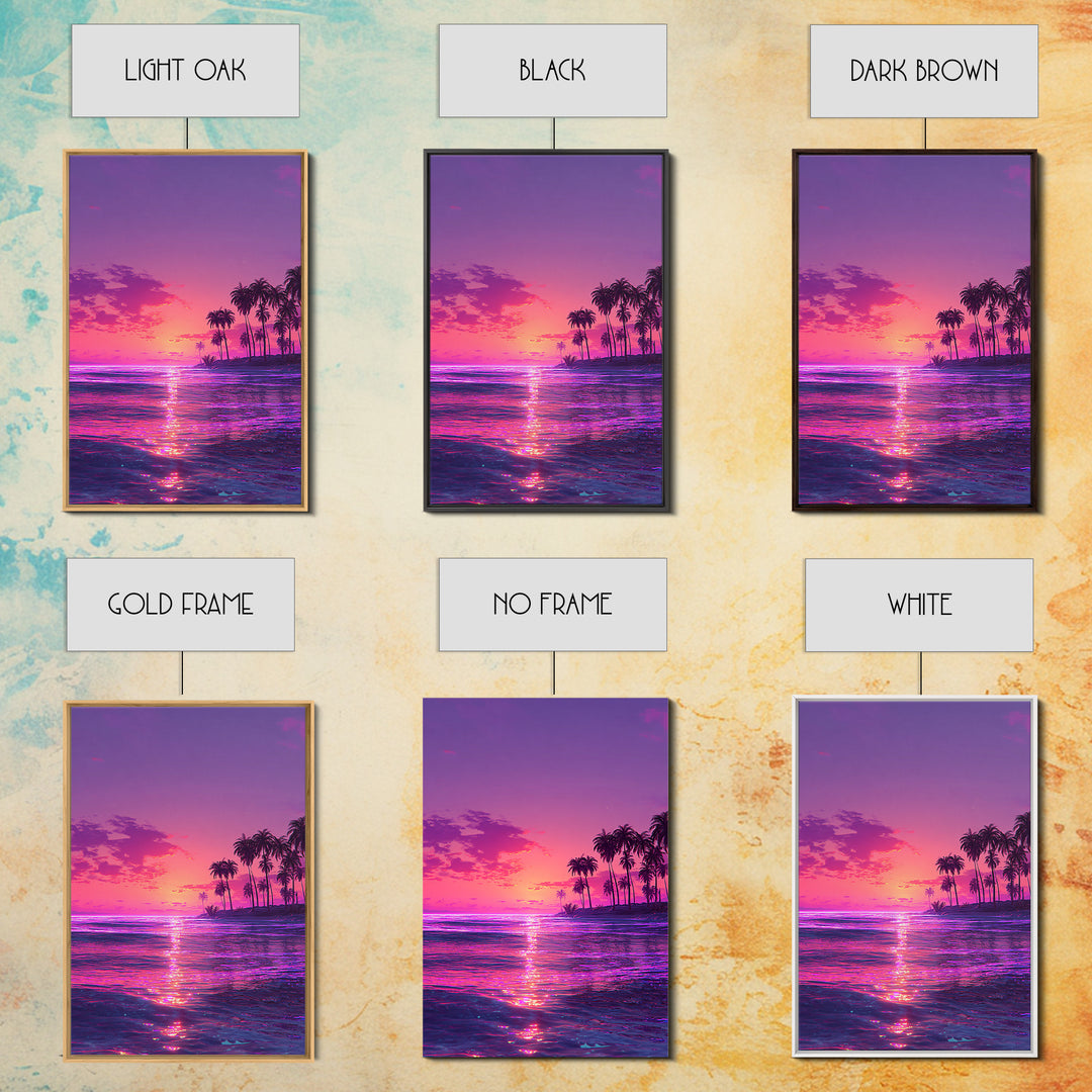 Vibrant Neon Pink And Purple Tropical Sunset With Palm Trees Coastal Wall Art Canvas Print For Modern Beach Decor