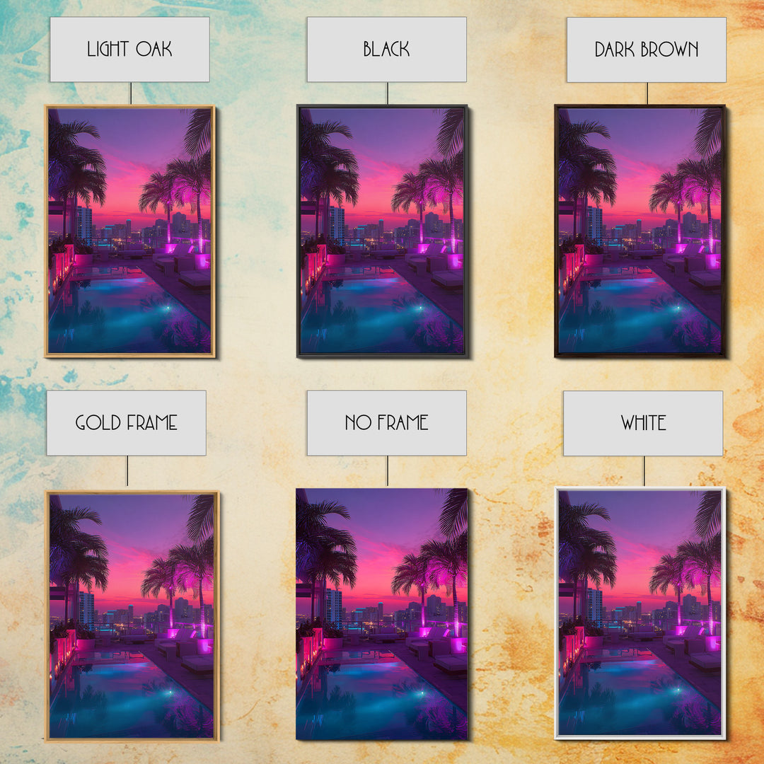 Modern Rooftop Pool Sunset Miami Cityscape Night View Wall Art Canvas Print For Office Living Room Decor