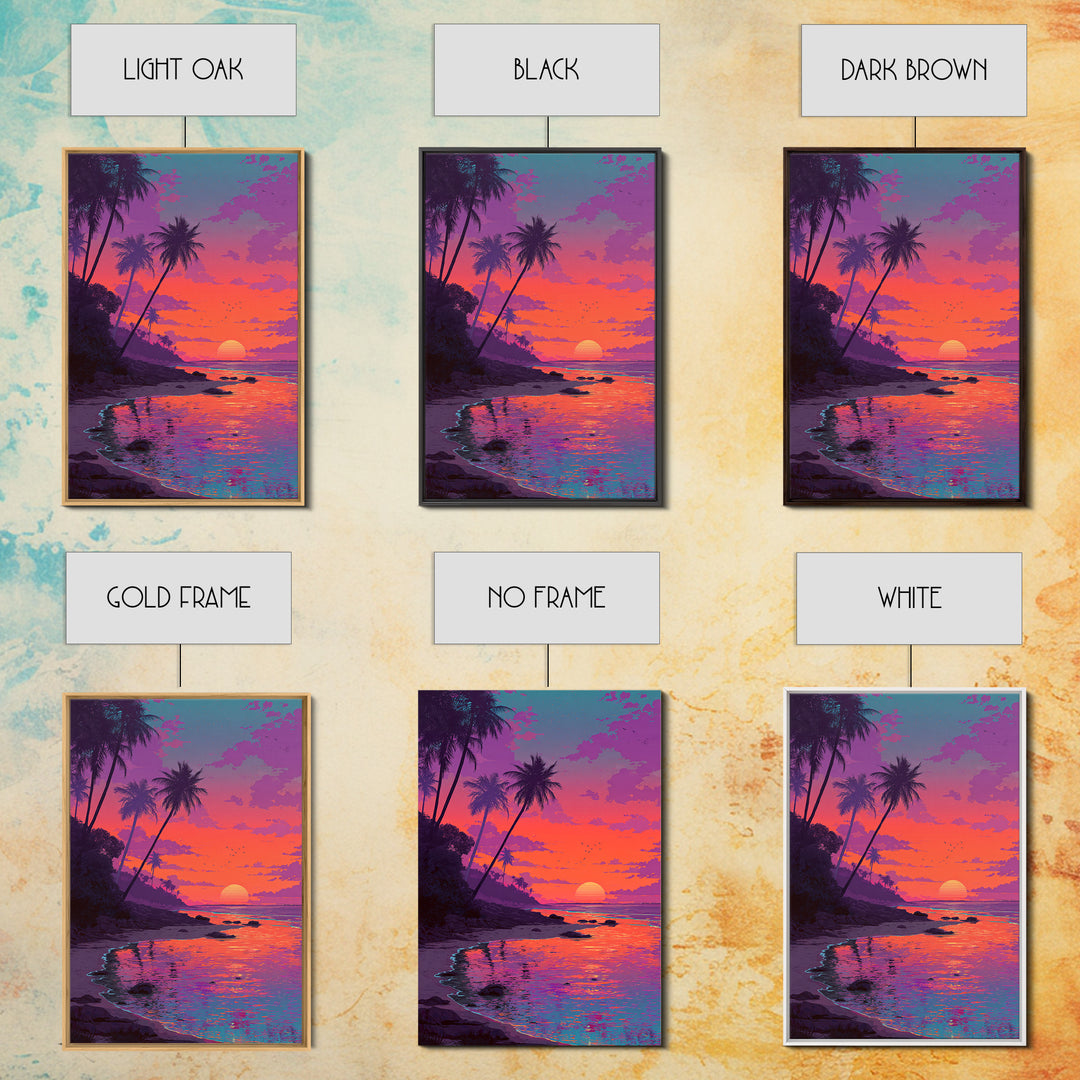 Colorful Tropical Sunset Beach With Palm Trees Reflecting In Water Vibrant Wall Art Canvas Print