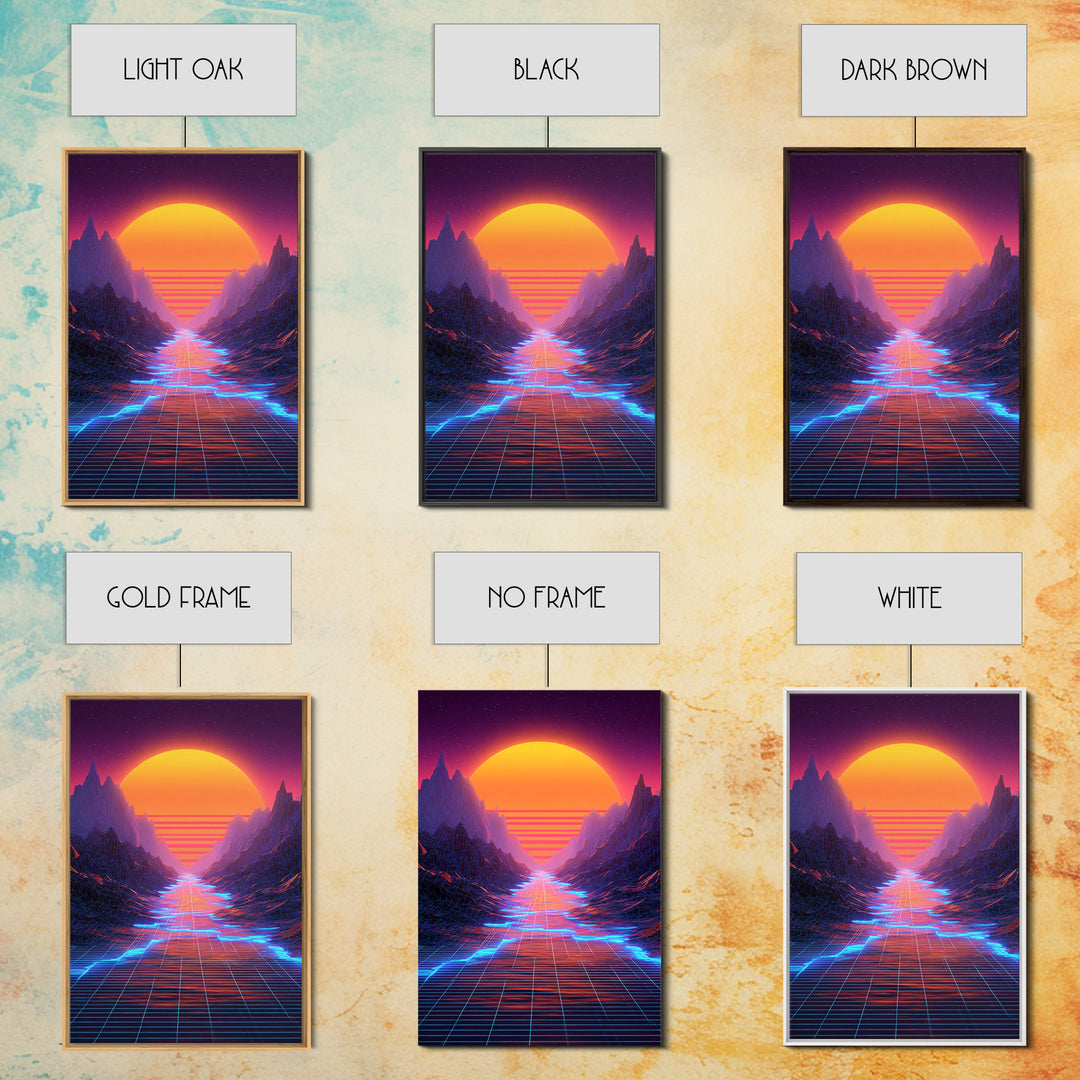 Retro Synthwave Landscape With Neon Grid Road And Large Sun Wall Art Canvas Print For Modern Living Room Decor
