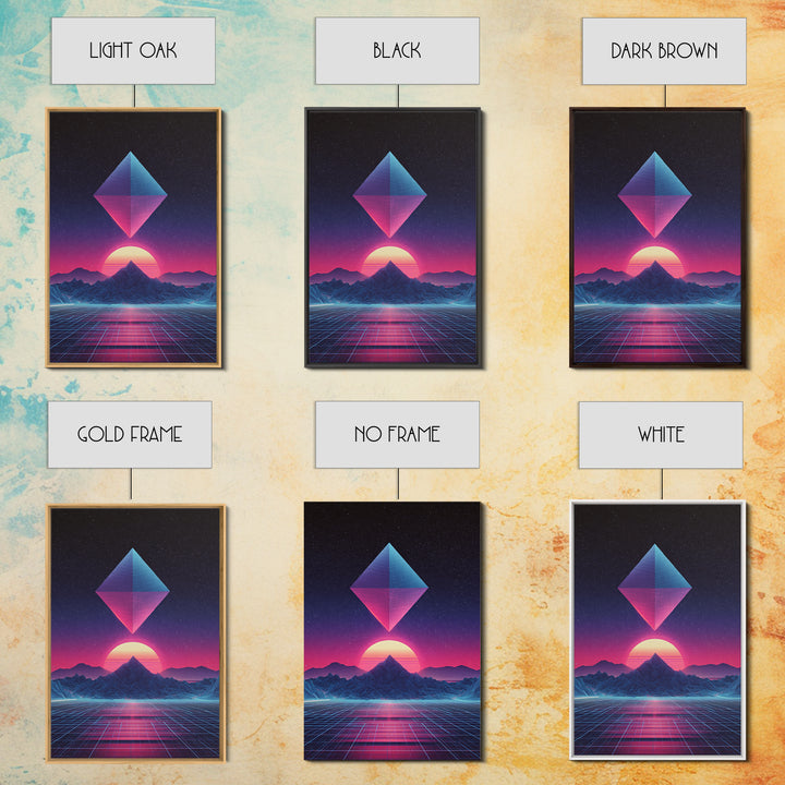 Futuristic Neon Pyramid Sunset Scene Wall Art Featuring Geometric Mountains With A Vibrant Canvas Print