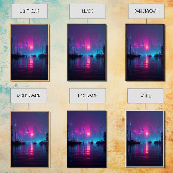 Futuristic Neon Cityscape With Sun Setting Over Harbor Framed Canvas Print For Cyberpunk Wall Art And Modern Home Decor