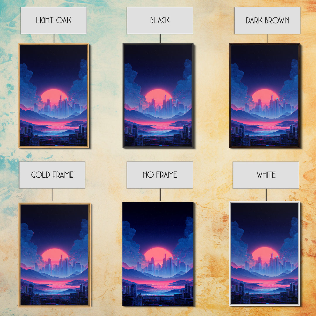 Futuristic Vibrant Neon Cityscape Digital Artwork Cyberpunk Sunset Modern Wall Art Large Framed Canvas Print