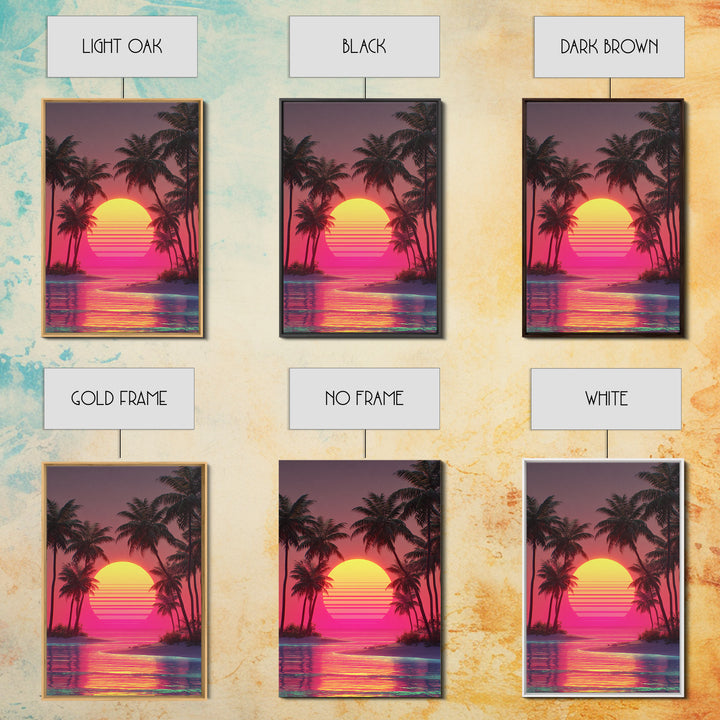 Dreamy Pink Sunset Tropical Island Palm Trees Calm Water Canvas Print Wall Art For Coastal Home Decor