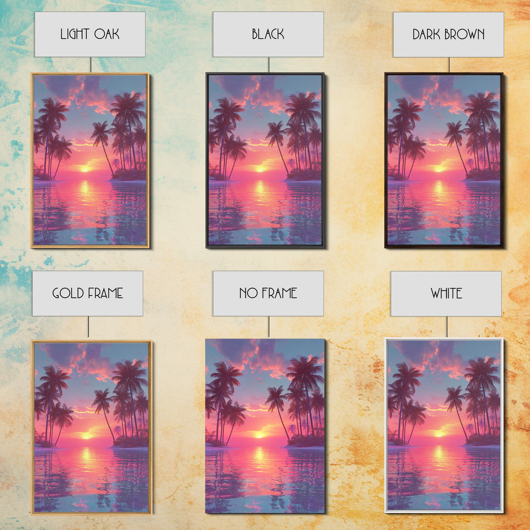 Tropical Sunset Palm Trees Over Water Vibrant Pink And Orange Sky Canvas Print For Modern Wall Art And Home Decor