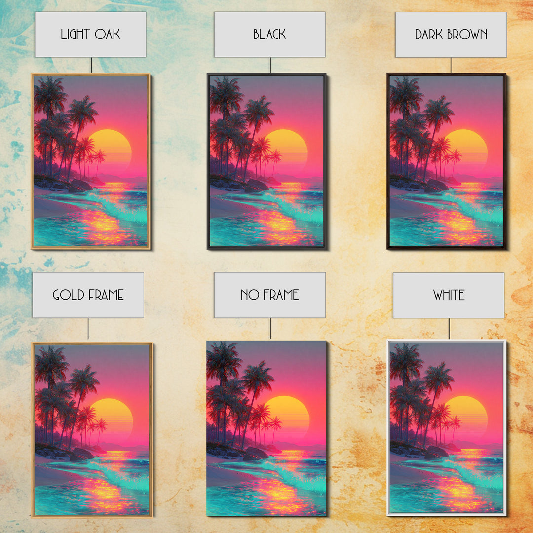 Tropical Beach With Palm Trees And Vibrant Sunset Reflections Large Framed Canvas Print Wall Art