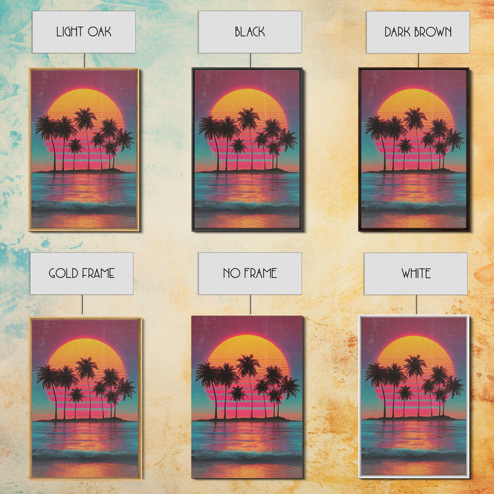 Retro Sunset With Palm Trees Against Gradient Sky Vibrant Framed Canvas Print For Tropical Wall Art And Home Decor