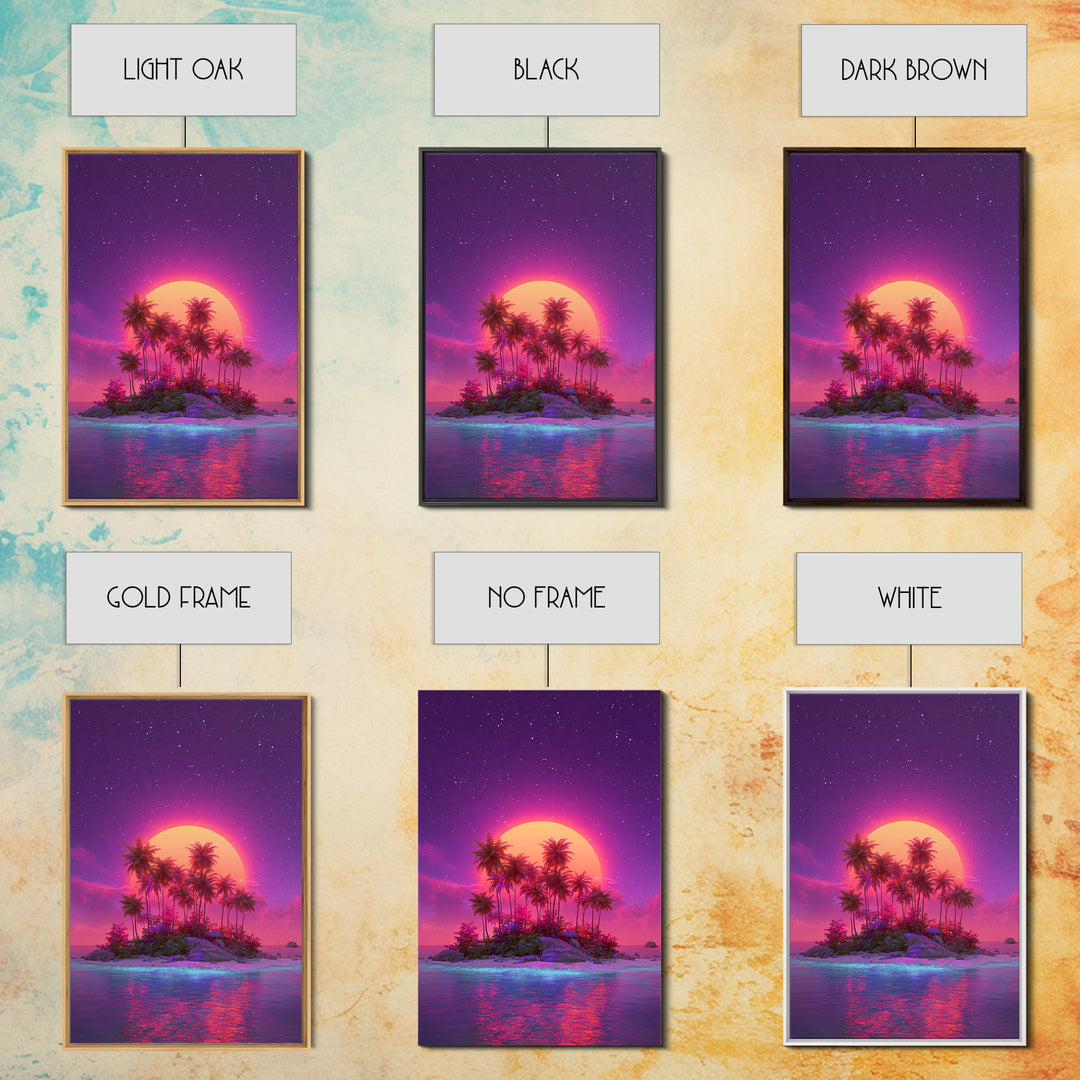 Neon Sunset Tropical Island With Palm Trees Canvas Print Vibrant Wall Art For Coastal Decor And Trendy Home Decor