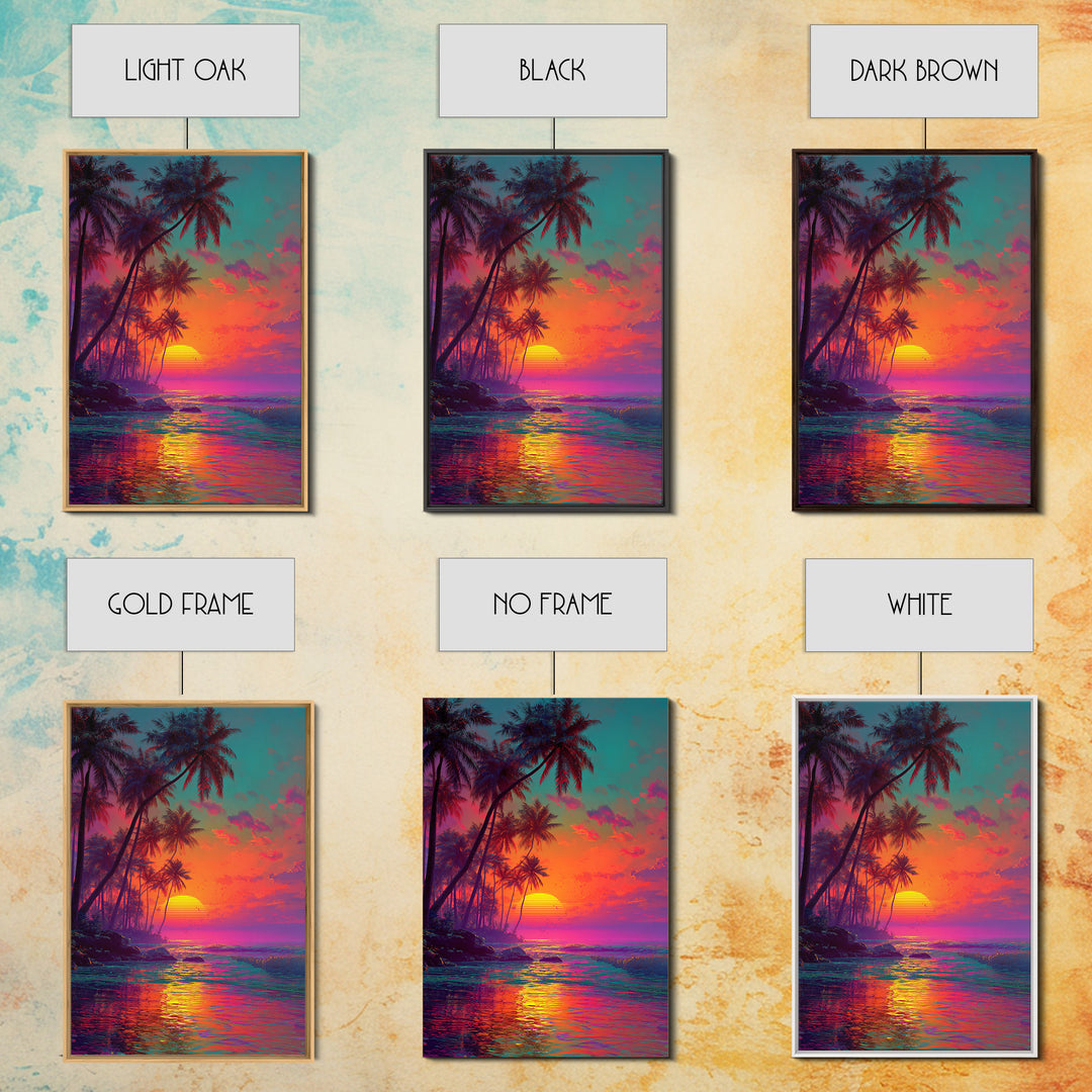 Vibrant Tropical Sunset With Palm Trees Over Ocean Framed Canvas Print Perfect For Coastal Home Decor