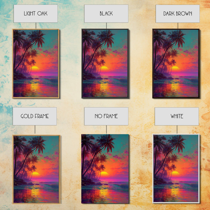 Vibrant Tropical Sunset With Palm Trees Over Ocean Framed Canvas Print Perfect For Coastal Home Decor