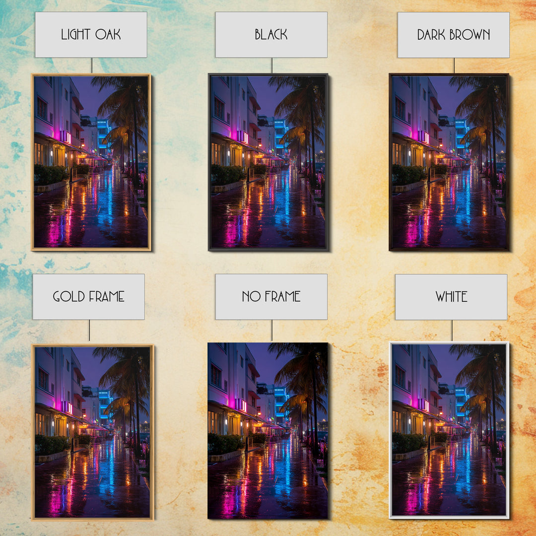 Vibrant Neon Miami Street Nightscape With Palm Trees Digital Wall Art Canvas Print For Chic Living Room Home Decor