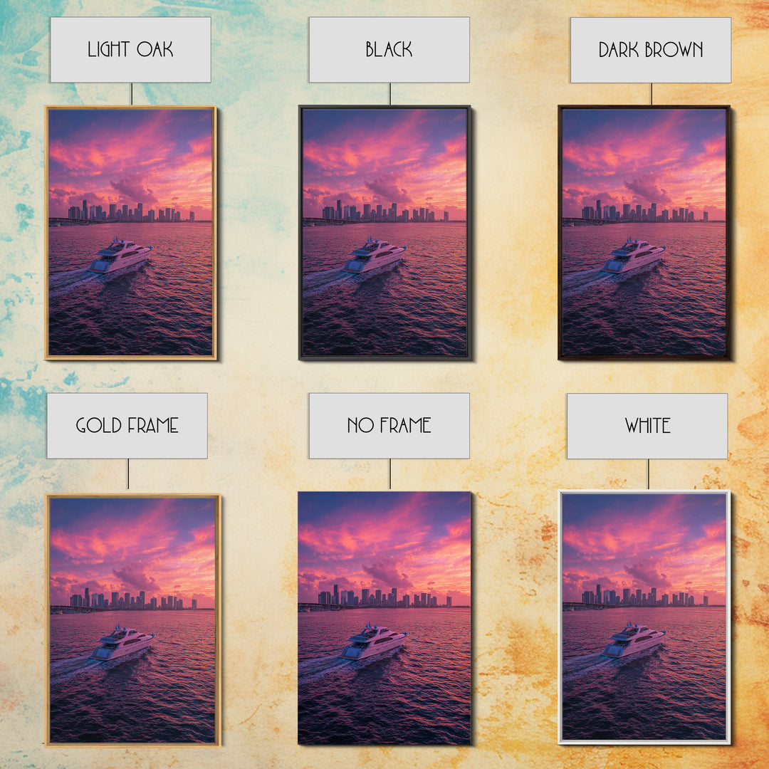 Luxury Yacht Sailing Into Stunning Miami Sunset Skyline Wall Art Framed Canvas Print For Living Room Decor