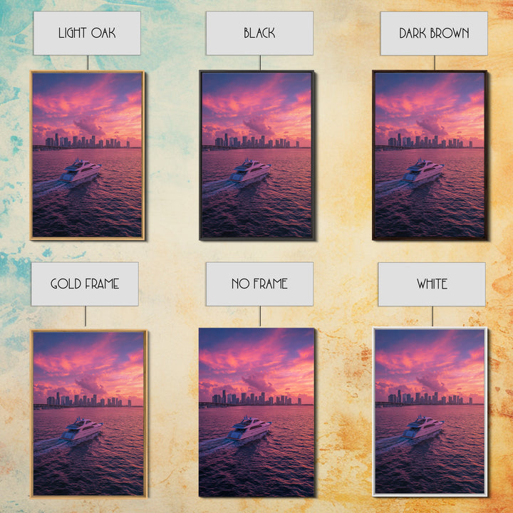 Luxury Yacht Sailing Into Stunning Miami Sunset Skyline Wall Art Framed Canvas Print For Living Room Decor