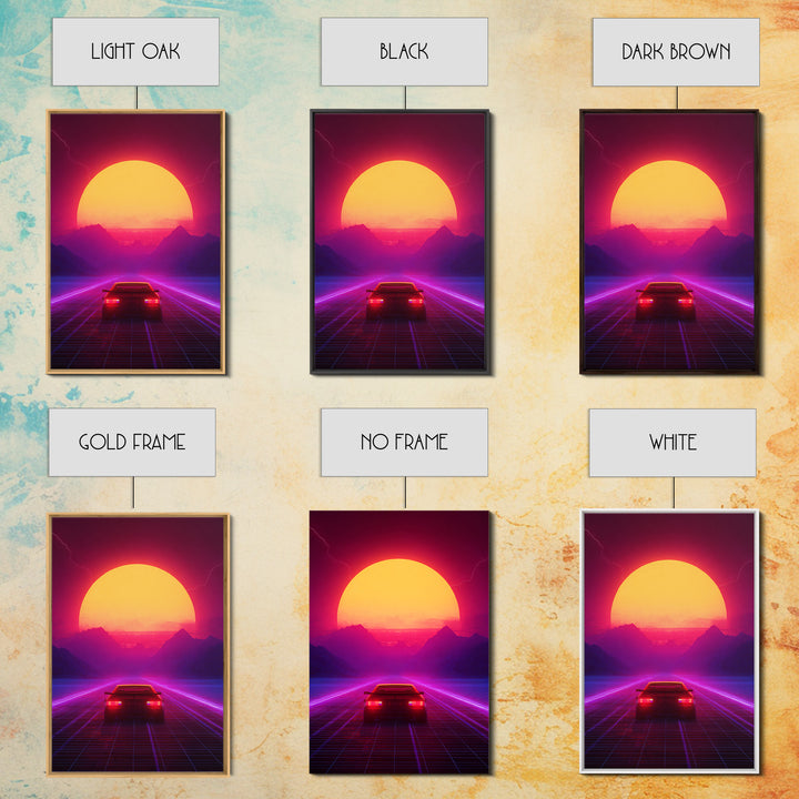 Synthwave Retro Neon Landscape With Sports Car And Palm Trees Under Glowing Sunset Canvas Print For Vaporwave Wall Art And Modern Decor