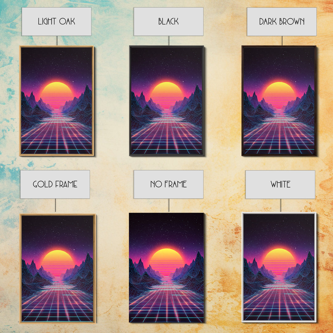 Retro Neon Landscape With Glowing Sun And Grid River Abstract Digital Wall Art Canvas Print For Modern Room