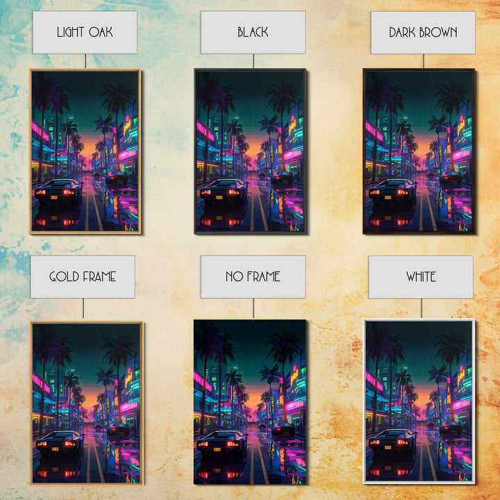 Neon City Rainy Night Street Retro Futuristic Art Print With Car Reflections And Palm Trees Canvas Print For Modern Wall Decor