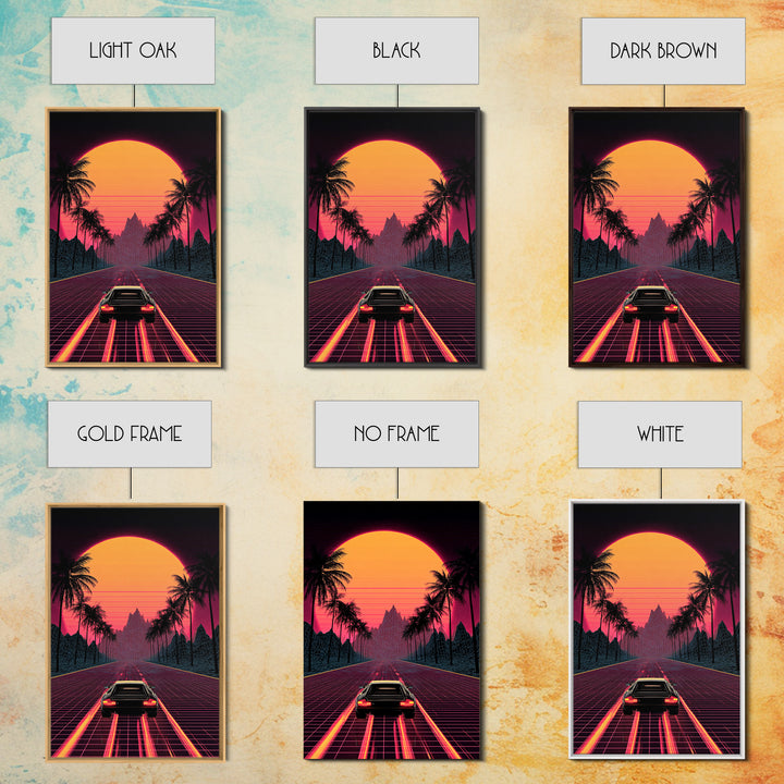 Retro Futuristic Neon Sunset Road With Laser Grid And Sports Car Canvas Print For Modern Wall Art Cyberpunk Decor And Gaming Room Decor