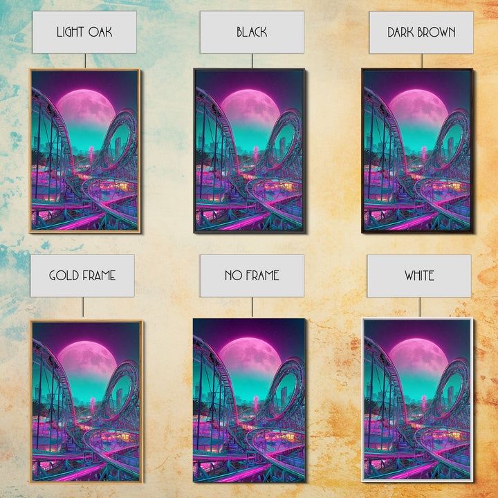 Vibrant Retro Futuristic Roller Coaster Scene With Neon Pink Moon Wall Art Canvas Print For Gamers Room Decor