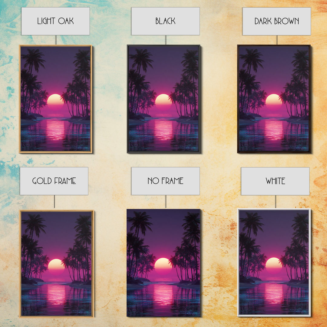 Gentle Pink Purple Tropical Sunset Over Calm Ocean With Palm Trees Wall Art For Relaxing Bedroom Decor