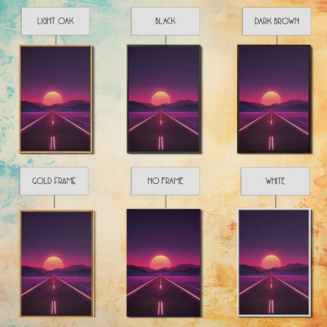 Offbeat Neon Retro Futuristic Road Sunset Digital Art Wall Art Canvas Print Trendy Modern Decor For Bedroom And Office