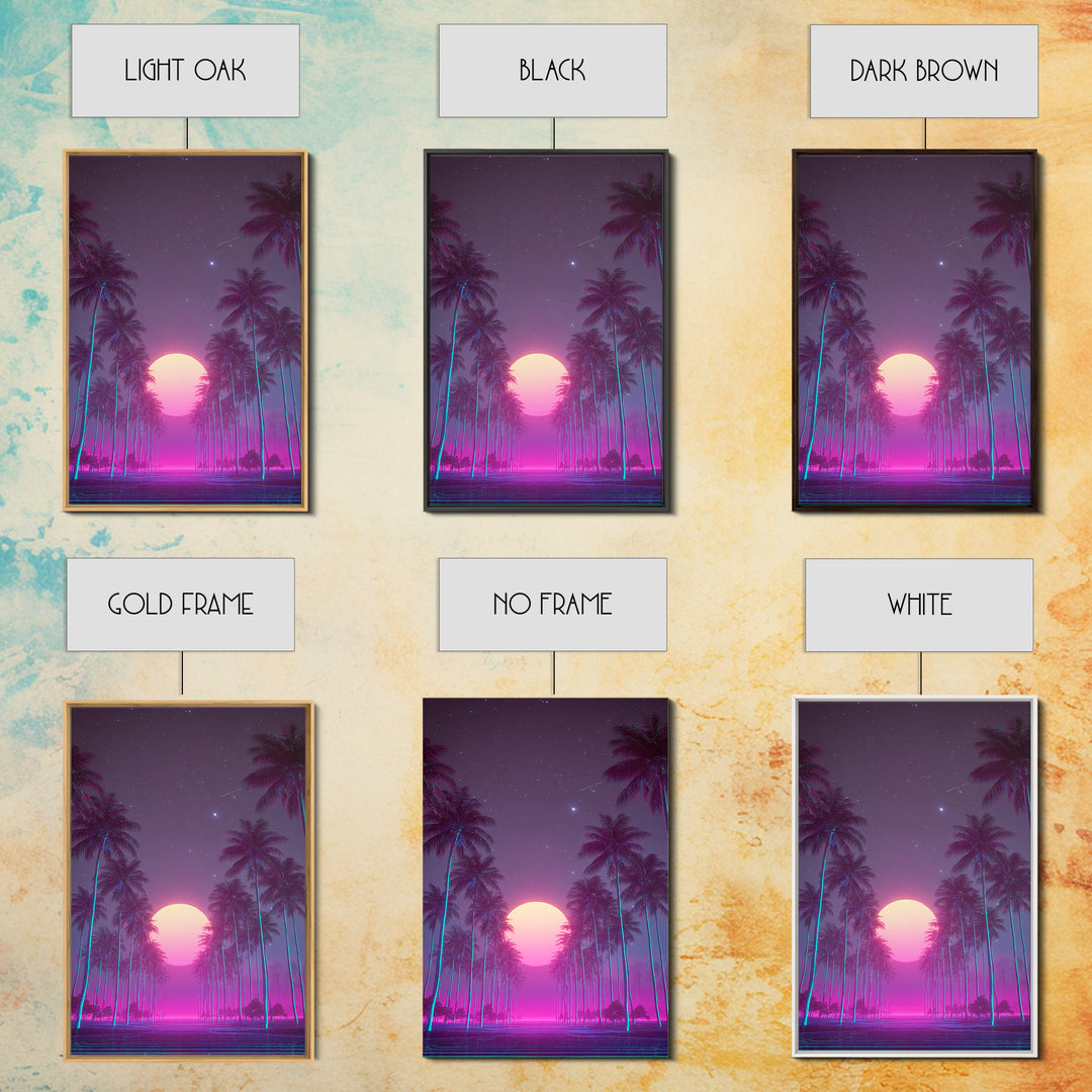 Retro Futuristic Neon Highway Leading To Large Vibrant Sun Over Palm Trees Digital Canvas Print Wall Art