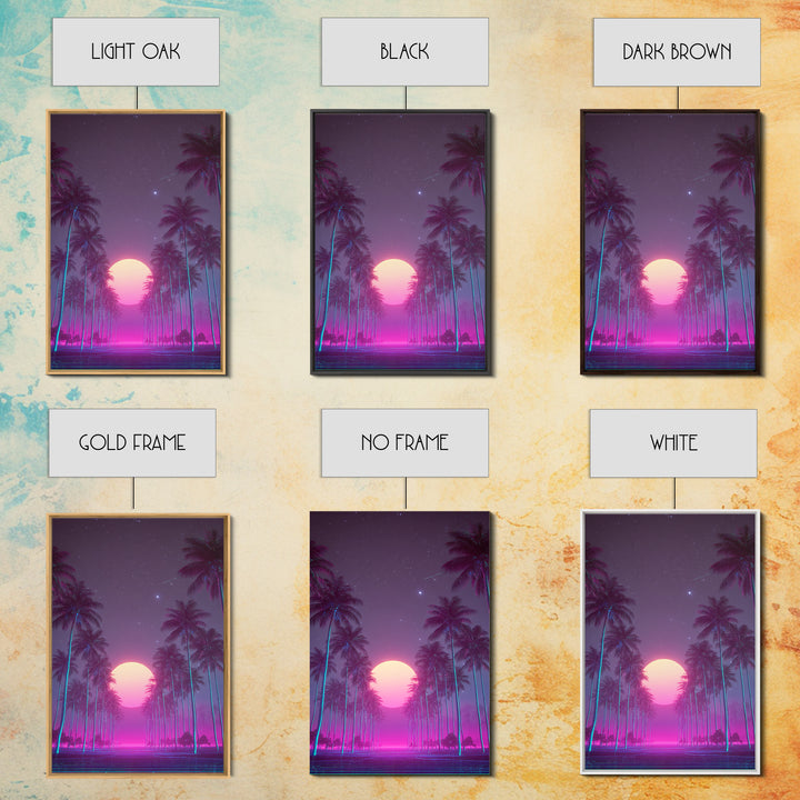 Retro Futuristic Neon Highway Leading To Large Vibrant Sun Over Palm Trees Digital Canvas Print Wall Art