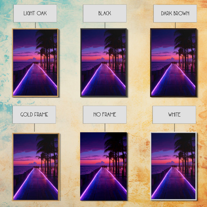 Neon Purple Boardwalk With Palm Trees At Twilight Coastal Photography - Canvas Print Modern Wall Art For Home Decor
