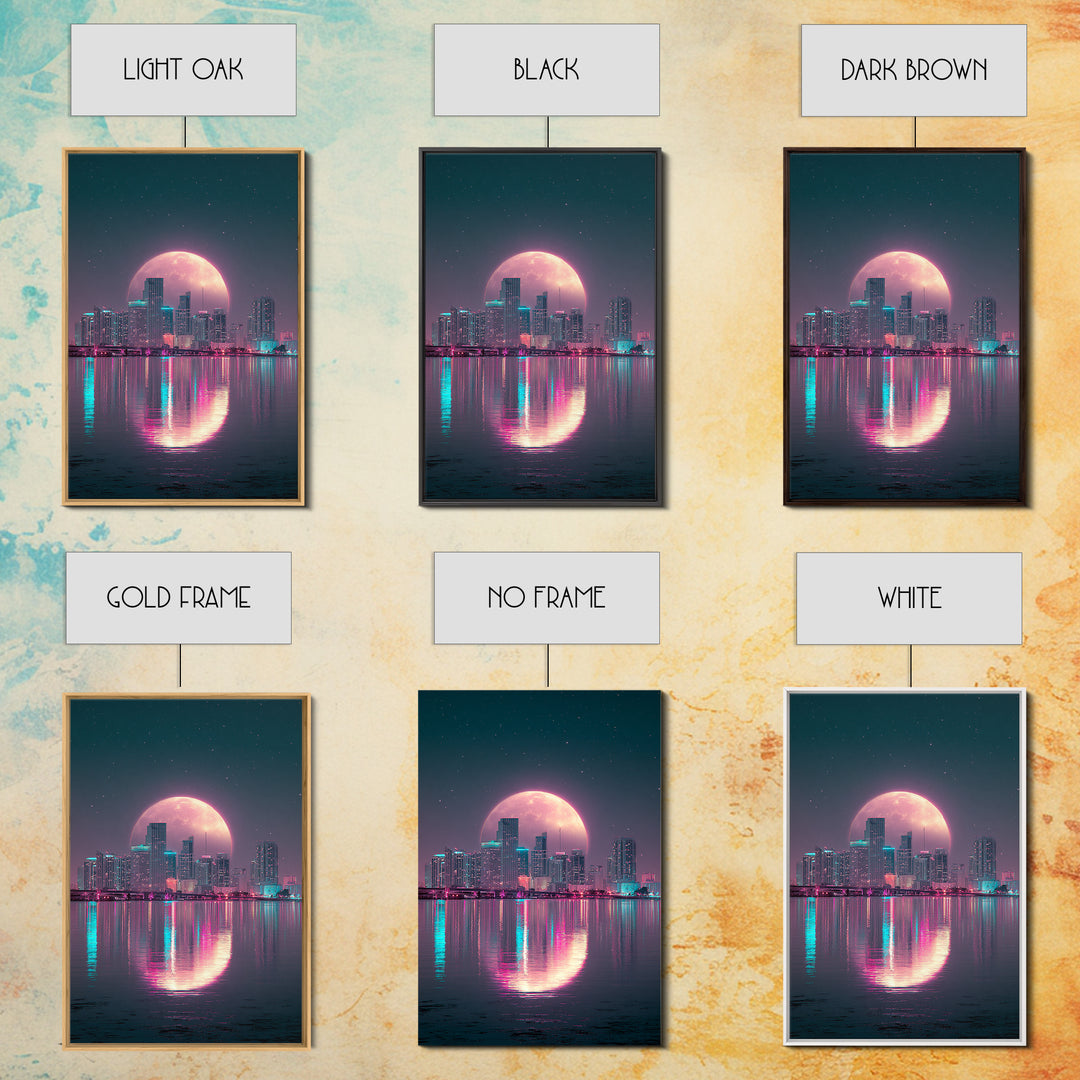 Giant Pink Moon Over Tropical Cityscape Sunset Urban Modern Wall Art Canvas Print