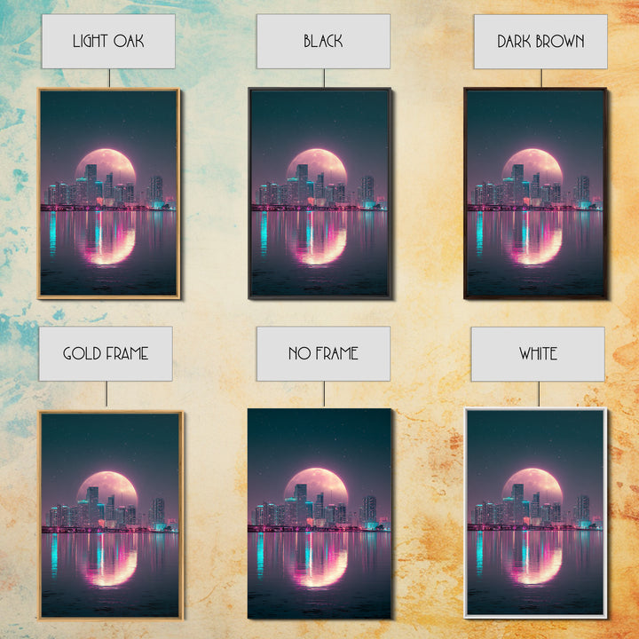 Giant Pink Moon Over Tropical Cityscape Sunset Urban Modern Wall Art Canvas Print