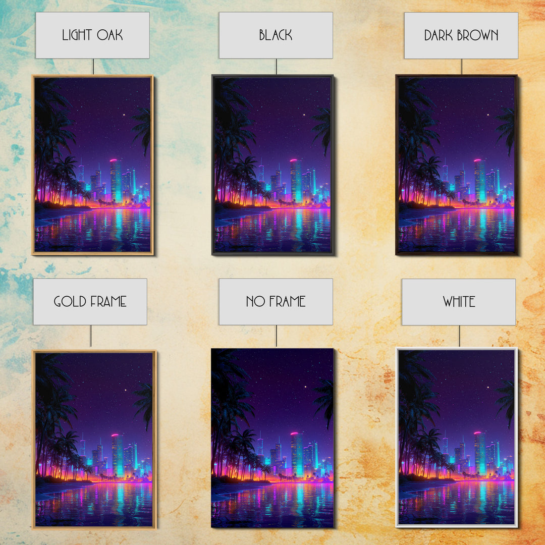 Neon Cityscape At Night With Reflections And Palm Trees Wall Art Framed Canvas Print For Modern Living Room Decor