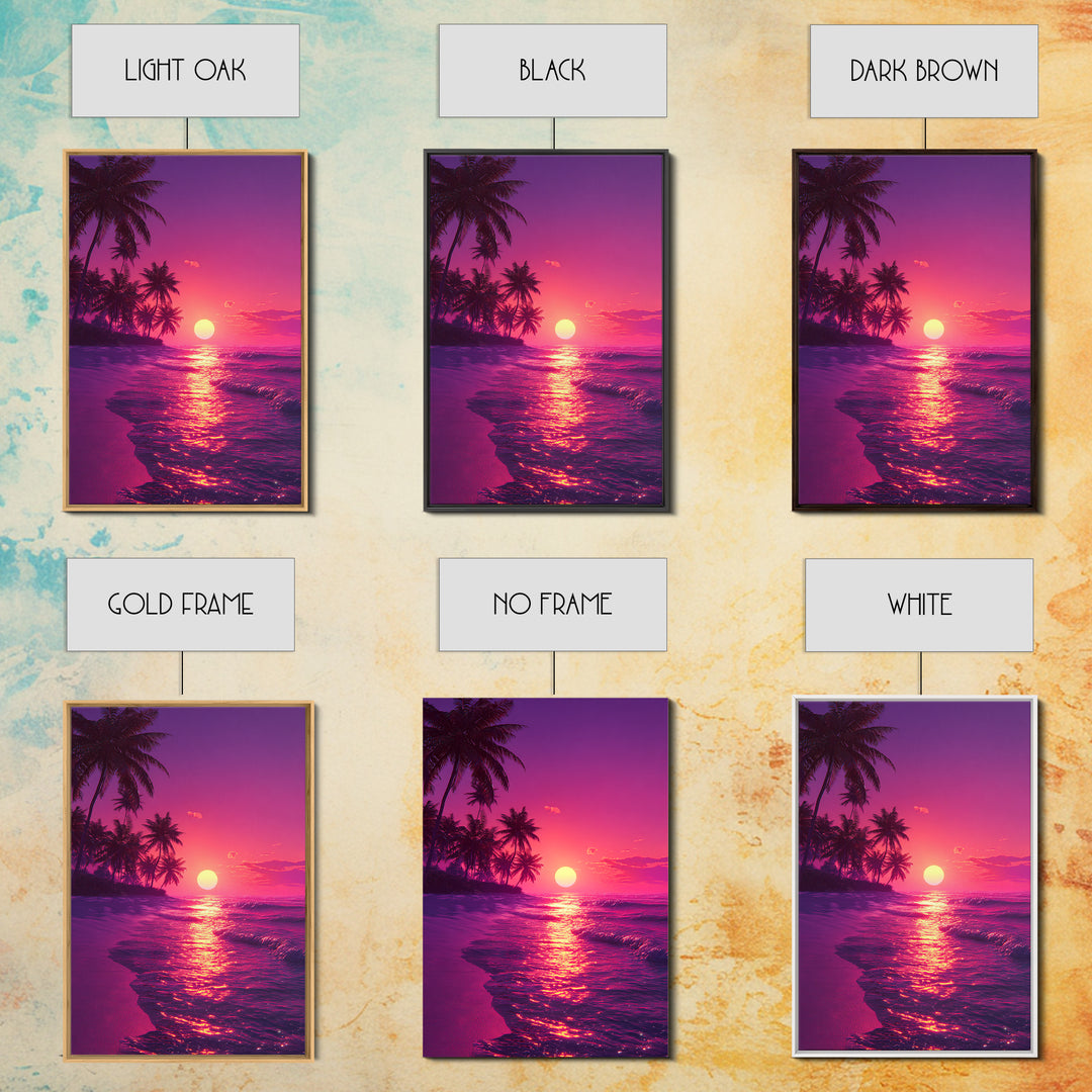 Tropical Sunset Beach Landscape Canvas Print With Pink Palm Trees And Ocean Waves Coastal Wall Art Home Decor For Living Room