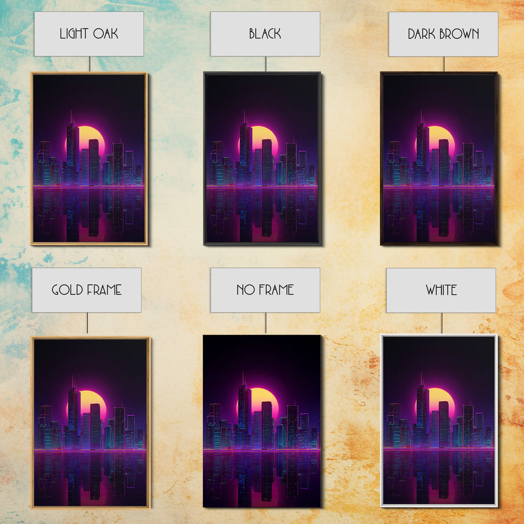 Futuristic Neon Cityscape With Purple And Pink Sunset Sci-Fi Wall Art Framed Canvas Print For Modern Living Room Decor