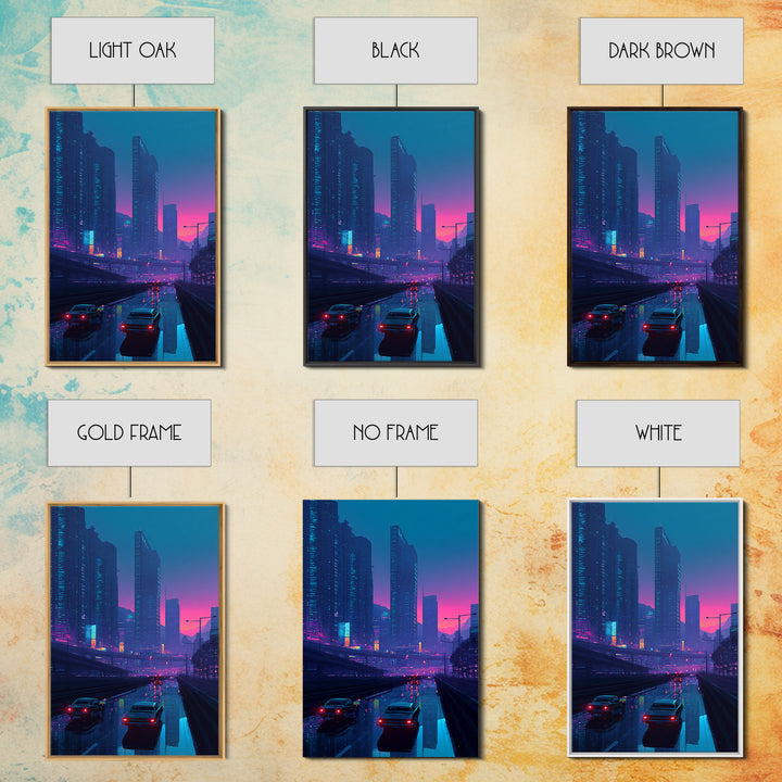Cyberpunk Cityscape At Dusk With Neon Lights And Rain Reflections Modern Wall Art For Home Decor And Office