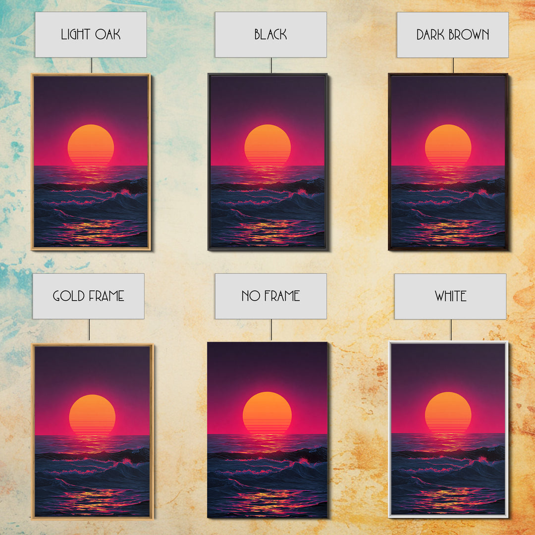 Vibrant Retro Abstract Neon Sunset Over Ocean Waves With Pink And Purple Horizon Wall Art Canvas Print For Bold Home Decor