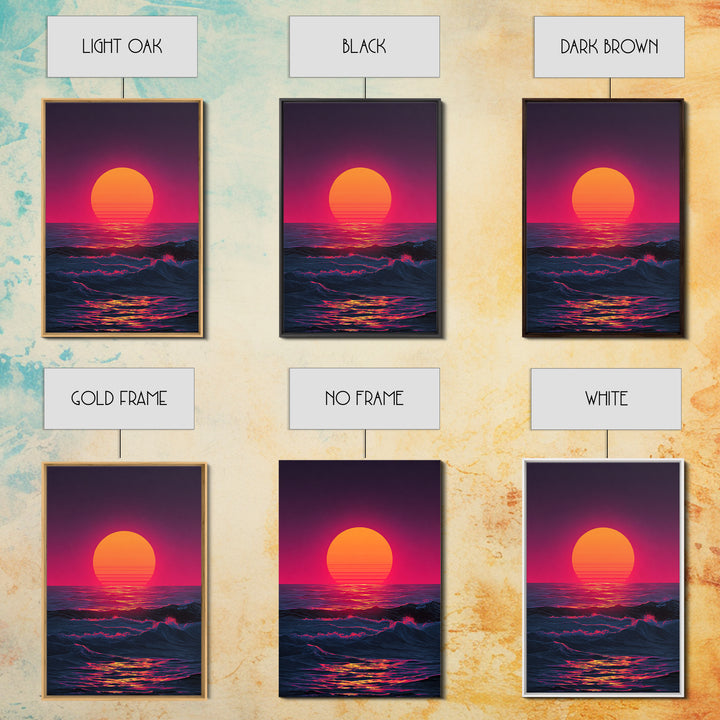 Vibrant Retro Abstract Neon Sunset Over Ocean Waves With Pink And Purple Horizon Wall Art Canvas Print For Bold Home Decor