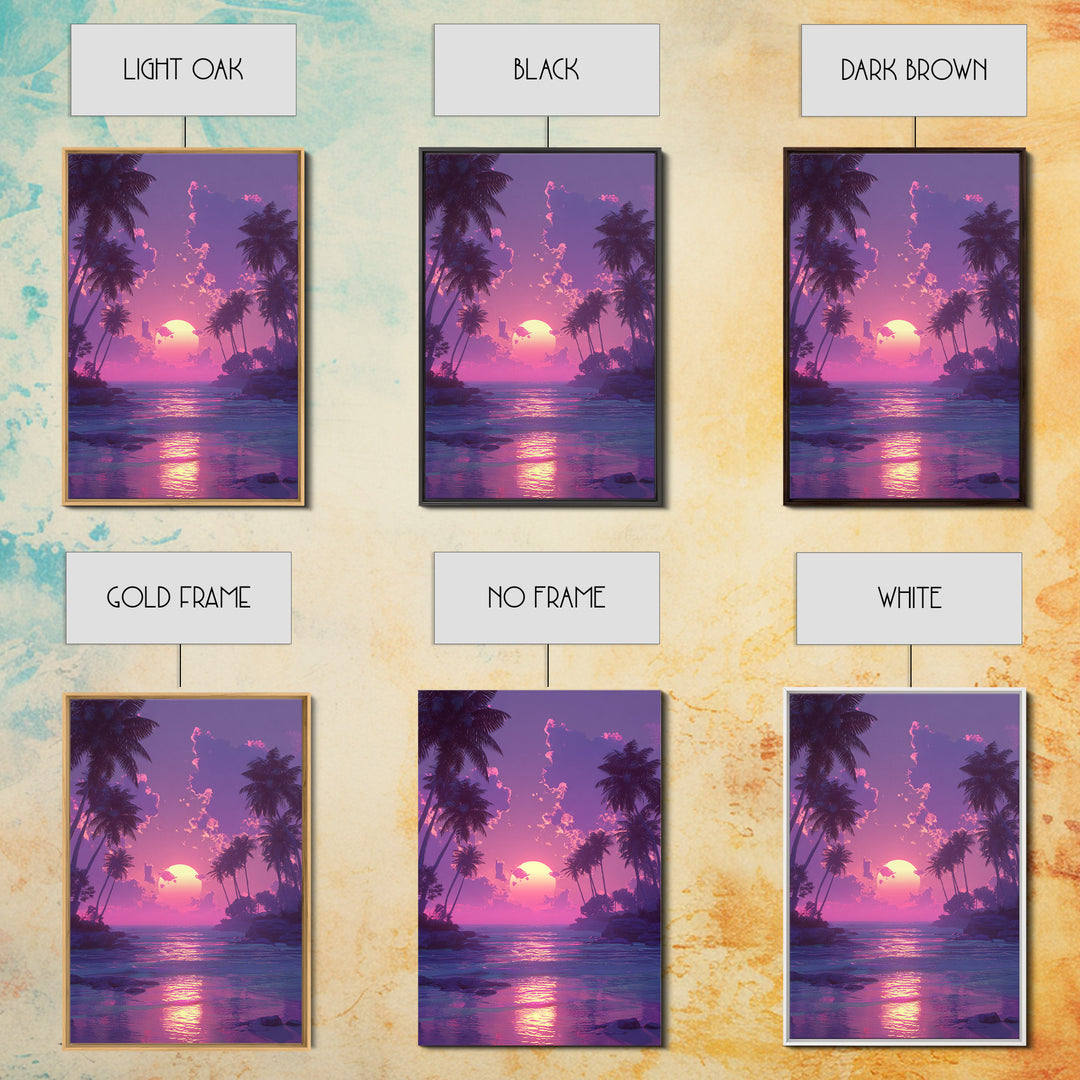 Peaceful Pink Purple Sunset Between Palm Trees Over Gentle Ocean Waves Framed Canvas Print For Home