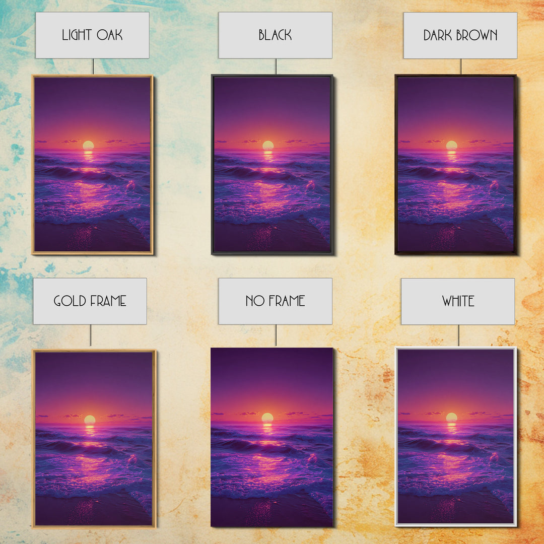 Surreal Ocean Sunset With Deep Purple And Pink Hues Canvas Print For Bedroom Wall Art And Coastal Home Decor