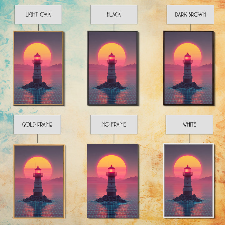 Retro Futuristic Neon Sunset Lighthouse Cityscape Digital Art Vibrant Large Wall Art Framed Canvas Print Modern Decor