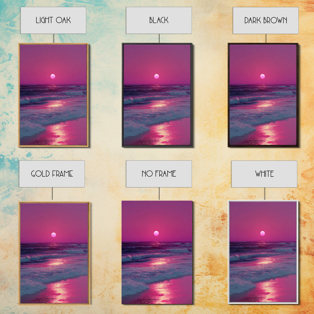 Vibrant Pink Sunset Over Ocean Waves With Reflective Light Coastal Wall Art Canvas Print For Beach House