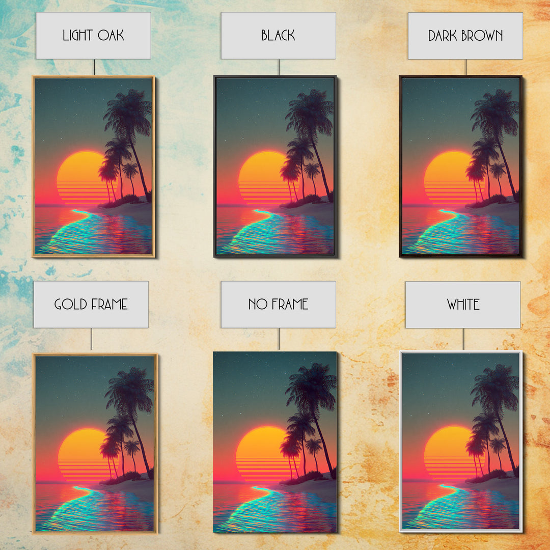 Retro Sunset Beach Landscape With Vibrant Neon Ocean Waves And Palm Trees Canvas Print For Modern Coastal Home Decor