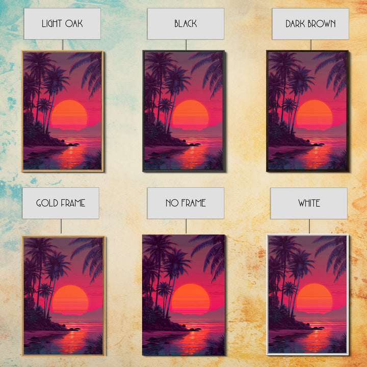 Evocative Tropical Sunset Island Coastal Artwork With Vibrant Red And Pink Sky Canvas Print For Modern Tropical Wall Decor