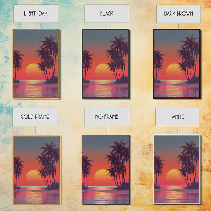 Tropical Sunset Beach Scene Wall Art With Palm Trees And Vibrant Coral Sky Framed Canvas Print Perfect For Coastal Home Decor
